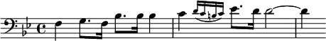{ \key bes \major \clef bass \time 4/4 \relative f { f4 g8. f16 bes8. bes16 bes4 | \afterGrace c4 { d16([ c b c]) } ees8. d16 d2 ~ | d4 } }
