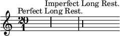 { \override Rest.style = #'mensural \time 20/1 s1 r\maxima^\markup { \center-align { "Perfect Long Rest." } } \bar "|" r\longa^\markup { \center-align { "Imperfect Long Rest." } } }