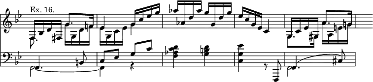 << \new Staff { \time 2/4 \override Score.TimeSignature #'stencil = ##f \key bes \major \relative f { \mergeDifferentlyHeadedOn \mergeDifferentlyDottedOn << { f16^"Ex. 16." bes d fis, g'8. f!16 | ees4 g16 c ees g | aes aes, d aes' g g, d' g | ees c g ees c4 | g16 c ees gis, a'8. g!16 | s8 } \\ { f,8. s16 g' g, d' f | ees g, c ees g4 | s2 s | g,8. gis16 a' a, e' g! } >> } }
\new Staff { \clef bass \key bes \major \relative f, << \mergeDifferentlyHeadedOn \mergeDifferentlyDottedOn { f4. b8 | c ees g c | s2 s4. f,,,8 | f'4.( cis'8) } \\ { f,2 ~ f4 r | <f' aes c d> <g b d> | <c, g' ees'> r8 s f,2 } >> } >>