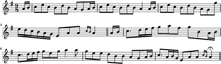 { \set Staff.midiInstrument = #"orchestral harp" \time 9/8 \key g \major \partial 8 \relative a' { a16 b | c8 e c b d b a g a16 b | c8 e c b d b a4 a16 b | c8 e c b d b a g g' | e16 d c b a g e8 a a \grace { c16[ b] } a4 \bar "||" a16 b | c8. d16 e fis g8 a fis g b, a16 b | c8. d16 e fis g8 e g a4 a8 | g e e d b b a g a16 b | c8. a16 b g e8 a a \grace { c16[ b] } a4\fermata \bar "||" } }