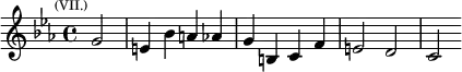 \relative g' { \key c \minor \time 4/4 \partial 2 \mark \markup \tiny { (VII.) } g2 | e4 bes' a aes | g b, c f | e2 d | c }