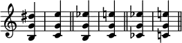 { \relative d'' { \override Score.TimeSignature #'stencil = ##f \time 1/4
<dis g, b,> <e g, c,> \bar "||"
<ees g, b,> <e! g, c,> \bar "||"
<ees g, ces,> <e! g, c,!> \bar "||" } }