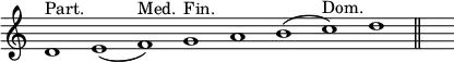 { \override Score.TimeSignature #'stencil = ##f \relative d' { \cadenzaOn d1^"Part." e( f)^"Med." g^"Fin." a b( c)^"Dom." d \bar "||" s } }