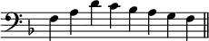 { \override Score.TimeSignature #'stencil = ##f \key f \major \clef bass \cadenzaOn f4 a d' c' bes a g f \bar "||" }