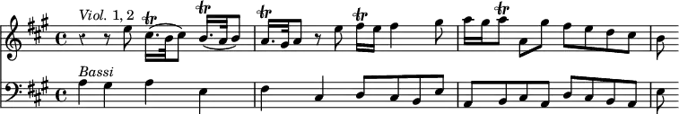 { \override Score.Rest #'style = #'classical
  \time 4/4 
  << { \clef treble \key a \major \relative c''
        { r4^\markup { \italic Viol. 1, 2 } r8 e cis16.\trill([ b32 cis8)] b16.\trill([ a32 b8)] |
          a16.\trill[ gis32 a8] r e' fis16\trill e fis4 gis8 |
          a16[ gis a8\trill] a,[ gis'] fis[ e d cis] | b } }
  \new Staff 
      { \clef bass \key a \major \relative c'
       { a4^\markup { \italic Bassi } gis a e | fis cis d8 cis b e | a, b cis a d cis b a | e' } }
  >> 
}