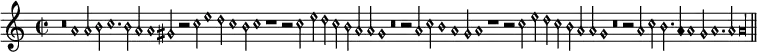 { \relative a' { \time 2/2 \cadenzaOn \override NoteHead.style = #'petrucci
r\breve a1 a2 b c1. b2 a a1 gis2 r %end line 1
c2 e1 d2 c1 b2 c1 r r2 c2 e d c %end line 2
b a a gis1 r\breve r2 a2 c b1 a gis2 a1 %end line 3
r1 r2 c e d c b a a gis1 r\breve r2 a %end line 4
c b2. a4 a1 gis2 a1. a2 a\longa \bar "||" } }