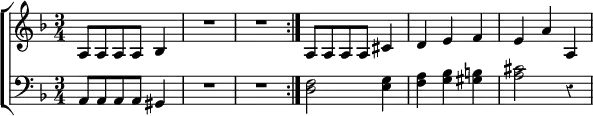 \new ChoirStaff << \compressMMRests \override Score.Rest #'style = #'classical
\new Staff \relative a { \key f \major \time 3/4
\repeat volta 2 { a8 a a a bes4 | R2.*2 }
a8 a a a cis4 | d e f e a a, }
\new Staff \relative a, { \clef bass \key f \major
a8 a a a gis4 R2.*2 | <d' f>2 <e g>4 <f a> <g bes> <gis b> <a cis>2 r4 } >>
