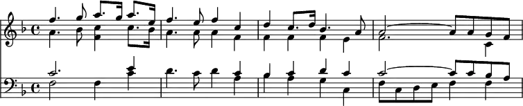 << \new Staff { \key f \major \time 4/4 \relative f'' { << { f4. g8 a8. g16 a8. e16 | f4. e8 f4 c | d c8. d16 bes4. a8 | a2 ~ a8 a g f } \\ { a4. bes8 <c f,>4 c8. bes16 | a4. a8 a4 f | f f f e | f2. c4 } >> } }
\new Staff { \clef bass \key f \major \relative c' { << { c2. e4 s2. c4 bes c d c | c2 ~ c8 c bes a } \\ { f2 f4 c' | d4. c8 d4 a | bes a g c, | f8 c d e f4 f } >> } } >>
