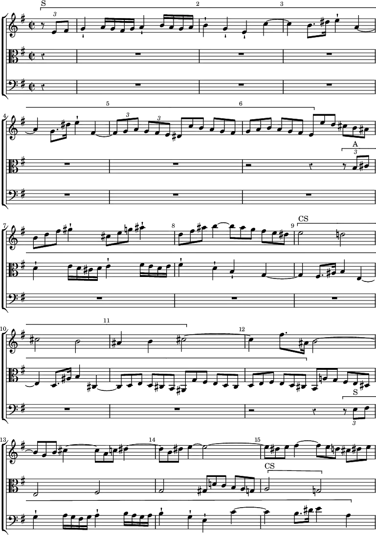 \new ChoirStaff << \override Score.Rest #'style = #'classical \override Score.BarNumber.break-visibility = ##(#f #t #t) \set Score.barNumberVisibility = #all-bar-numbers-visible
  \new Staff \relative e' { \key e \minor \time 2/2 \partial 4 \override TupletBracket.bracket-visibility = ##f
    \[ \tuplet 3/2 { r8^"S" e fis } \bar "|"
    g4-! a16 g fis g a4-! b16 a g a | b4-! g-! e-! c' ~ |
    c b8. dis16 e4-! a, ~ | a g8. dis'16 e4-! fis, ~ |
    \tuplet 3/2 4 { fis8[ g a] g[ fis e] \override TupletNumber #'stencil = ##f dis[ c' b] a[ g fis] |
    g[ a b] a[ g fis] e[ \] e' d] cis[ b ais] |
    b d fis } gis4-! \tuplet 3/2 { cis,8 e g } ais4-! |
    \tuplet 3/2 { d,8 fis ais } b4 ~ \tuplet 3/2 4 { b8[ ais g] fis[ e dis] } |
    \[ e2^"CS" d! cis b ais4 b cis2 ~ \] cis4 fis8. ais,16 b2 ~ |
    \tuplet 3/2 { b8 g b } cis4 ~ \tuplet 3/2 { cis8 a c } dis4 ~ |
    \tuplet 3/2 { dis8 b dis } e4 ~ e2 ~ |
    \tuplet 3/2 { e8 dis e } fis4 ~ \tuplet 3/2 4 { fis8[ e d] cis[ dis e] } }
  \new Staff \relative b { \clef alto \key e \minor \override TupletBracket.bracket-visibility = ##f
    r4 | R1*5 | r2 r4 \[ \tuplet 3/2 { r8 b^"A" cis } | \override TupletNumber #'stencil = ##f
    d4-! e16 d cis d e4-! fis16 e d e | fis4-! d-! b-! g ~ |
    g fis8. ais16 b4 e, ~ | e d8. ais'16 b4 cis, ~ |
    \tuplet 3/2 4 { cis8[ d e] d[ cis b] ais[ g' fis] e[ d cis] |
    d[ e fis] e[ d cis] \] b[ a'! g] fis[ e dis] }
    e2 fis | g \tuplet 3/2 4 { gis8[ d'! c] b[ a g] } | \[ a2^"CS" g! }
  \new Staff \relative e { \clef bass \key e \minor \override TupletBracket.bracket-visibility = ##f
    r4 | R1*11 | r2 r4 \[ \tuplet 3/2 { r8 e^"S" fis } |
    g4-! a16 g fis g a4-! b16 a g a | b4-! g-! e-! c' ~ |
    c b8. dis16 e4 a, ~ } >>