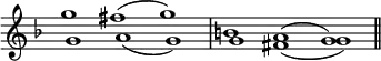 { \override Score.TimeSignature #'stencil = ##f \time 3/1 \key f \major <<
\new Voice \relative g'' { g1 fis^( g) | b, a^( g) \bar "||" }
\new Voice \relative g' { g1 a_( g) | g fis_( g) } >> }