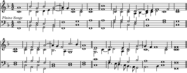 { \time 4/2 \key f \major \partial 1 << \relative a' << { a1 bes2 g bes a ~ a4 g f1 e2 f1 \bar "||" c' c,2 f e d ~ d4 e f1 f2 e1 \bar "||" \break d e2 f e a ~ a4 g f2 c'2. bes4 a1 \bar "||" e f2. e4 d2 g ~ g4 f f1 e2 f\breve \bar "||" } \\ { c1 d2 c d4 e f2 ~ f c1 c2 c1 f | f2 c c a4 bes ~ bes c d2 c1 c a | c2 c c c bes2. a4 g1 d' g,2. c4 ~ c d2 a4 bes2 d c1. c2 c\breve } >>
\new Staff { \clef bass \key f \major \relative f << { f1^\markup { \halign #0.5 \smaller \italic "Plaine Songe" } f2 e d c f1 g a a | a2 a g f bes1 a g f | g2 a g f d1 e f c' | a2 f g bes a1 g f\breve } \\ { f,1 bes2 c g a f1 c' f, f | f'2 f c d bes1 f' c d | c2 a c f, bes1 c d c | f4. e8 d4. c8 bes4. a8 g2 a2. bes4 c1 f,\breve } >> } >> }