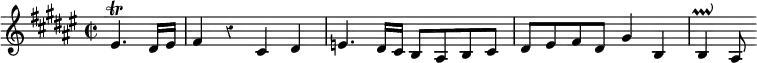 \relative e' { \key fis \major \time 2/2 \override Score.Rest #'style = #'classical \partial 2 eis4.\trill dis16 eis | fis4 r cis dis | e4. dis16 cis b8 ais b cis | dis eis fis dis gis4 b, | b\prallup ais8 }
