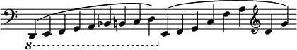 { \override Score.TimeSignature #'stencil = ##f \cadenzaOn \clef bass
 \ottava -1 d,,4^( e,, f,, g,, a,, bes,, b,, c, d,)
 \ottava 0 e,^( f, g, c f a \clef treble d' g') }