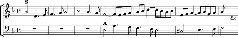\new ChoirStaff <<
\new Staff \relative a' { \key d \minor \time 4/4
a2^\markup \bold "S" d,4. e8 | f4. g8 a2 | bes2 a4. g8 |
f2 ~ f8 e f g | a bes c4 ~ c8 bes a bes |
e, f g4 ~ g8 a f g | a s s4_"&c." }
\new Staff \relative d { \clef bass \key d \minor
R1*3 | d2^\markup \bold "A" a'4. g8 | f4. e8 d2 |
cis2 d4. e8 | f2 } >>