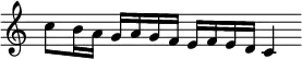 { \override Score.TimeSignature #'stencil = ##f \time 5/4
 \relative c'' { c8 b16 a g a g f e f e d c4 } }
