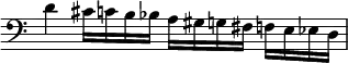 { \override Score.TimeSignature #'stencil = ##f \clef bass d'4 cis'16 c' b bes a gis g fis f e ees d }
