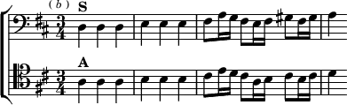\new ChoirStaff <<
\new Staff \relative d { \clef bass \key d \major \time 3/4 \mark \markup \tiny { ( \italic b ) }
d4^\markup \bold "S" d d | e e e |
fis8 a16 g fis8 e16 fis gis8 fis16 gis | a4 }
\new Staff \relative a { \clef tenor \key d \major
a4^\markup \bold "A" a a | b b b |
cis8 e16 d cis8 a16 b cis8 b16 cis | d4 } >>
