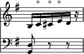 { \time 3/8 \override Score.TimeSignature #'stencil = ##f << \new Staff { \key g \major \relative b { b16 c^"*" cis^"*" e^"*" d r } } \new Staff { \clef bass \key g \major <d g,>8 r r } >> }
