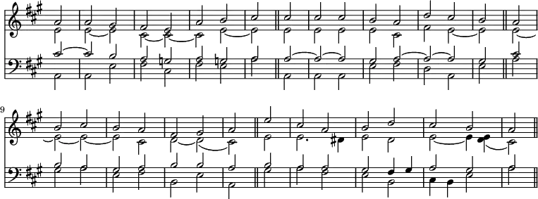 { \override Score.TimeSignature #'stencil = ##f \time 2/2 \key a \major \partial 2 << \relative a' << { a2 | a gis | fis e | a b | cis \bar "||" cis | cis cis | b a | d cis | b \bar "||" a | b cis | b a | fis gis | a \bar "||" e' | cis a | b d | cis b | a \bar "||" } \\ { e2 | e ~ e | cis ~ cis ~ | cis e ~ | e e | e e | e cis | fis e ~ | e e ~ | e ~ e ~ | e cis | d ~ d( | cis) e | e2. dis4 | e2 d | e ~ e4 <e d>( | cis2) } >>
\new Staff { \clef bass \time 2/2 \key a \major \partial 2 \relative c' << { cis2 ~ | cis b | a g | a g | a \bar "||" a ~ | a ~ a | gis a ~ | a ~ a | gis \bar "||" cis | b a | gis a | b b | a \bar "||" b | a a |gis fis4 gis | a2 gis | a \bar "||" } \\ { a, | a e' | fis cis | fis e | a a, | a a | e' fis | d a | e' a | gis a| e fis | b, e | a, gis' | a fis | e b | cis4 b e2 | a } >> } >> }