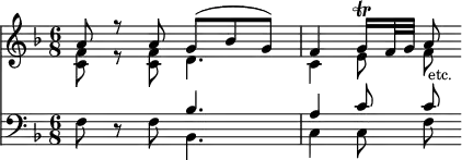 { \time 6/8 \key f \major << << \relative a' { a8 r a g( bes g) | f4 g16\trill f32 g a8 } \\ \relative f' { <f c>8 r <f c> d4. | c4 e8 f } >>
\new Staff { \clef bass \key f \major \relative f { f8 r f << { bes4. | a4 c8 c^\markup { \null \smaller etc. } } \\ { bes,4. c4 c8 f } >> } } >> }