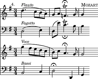 { \override Score.Rest #'style = #'classical
\key g \major \time 3/4 \mark \markup \small "4."
<< \clef treble
{ d''4.(^\markup { \small \italic "Flauto" } c''8 b' a') | g' a' f'4.\fermata-\trill g'8 | g'4^\markup { \smallCaps "Mozart" } }
\new Staff
{ \clef bass \key g \major { d2(^\markup { \small \italic "Fagotto" } e4) | d8( e') c'4._\fermata-\trill b8 | b4 } }
\new Staff
{ \new Voice = "voce" \clef treble \key g \major
{ g''4(^\markup { \small \italic "Voce" } fis''8 e'' d'' c'' | b') c'' a'4.\fermata g'8 | g'2 } }
\new Lyrics \lyricsto "voce" { raise __ _ _ and quail }
\new Staff
{ \clef bass \key g \major { b,2^\markup { \small \italic "Bassi" } c4 | d2\fermata d,4 | g,4 } }
>>
}