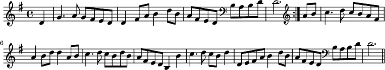 { \set Staff.midiInstrument = #"orchestral harp" \key g \major \time 4/4 \partial 4 \relative d' { \repeat volta 2 { d4 | g4. a8 g fis e d | d4 fis8 a b4 d8 b | a fis e d \clef bass b a b d | d2. } \clef treble a'8 b | c4. d8 c b a fis | a4 b8 d d4 a8 b | c4. d8 c b d b | a fis e d b4 b' | c4. d8 c b d4 | d,8 e fis a b4 d8 b | a fis e d \clef bass b a b d | d2. \bar "||" } }