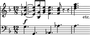 { << \new Staff \relative e'' { \key d \minor \time 12/8 \override Score.Rest #'style = #'classical
<ees bes ees,>4. ~ q8 <g g, bes,> <ees bes g> <ees bes f>4. <d bes f>8 r4*1/2 r | <d f a>4. s_"etc." }
\new Staff { \key d \minor \clef bass
g4.^\f g, aes, aes | a s } >> }