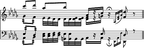 { \override Score.TimeSignature #'stencil = ##f \time 4/4 \key des \major << \relative c''' { << { c8[ des] aes[ bes] aes,16[ r c] } \\ { ges8:32[ f8:32] ees32[ ees des des] des[ des <ees des> <ees des>] <f des>16[ r g] } >> r16\fermata \grace { aes,16[( <des f> aes')] } <f des'>8 r \bar "||" }
\new Staff { \clef bass \key des \major \relative e { << { ees8:32[ des8:32] s4. ees16 s des8 r } \\ { aes8:32[ bes8:32] <c ees>32[ <c ees> <des f> <des f>] <ees g,>[ <ees g,> g, g] aes16[ r aes] r_\fermata \grace { des,16[ aes' f'] } des,8 } >> } } >> }