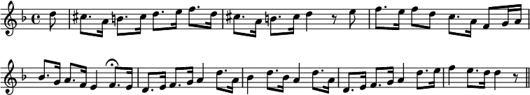 { \override Score.BarNumber #'break-visibility = #'#(#f #f #f) \key d \minor \time 4/4 \partial 8 \relative d'' {
d8 | cis8. a16 b8. cis16 d8. e16 f8. d16 |
cis8. a16 b8. cis16 d4 r8 e | f8. e16 f8 d c8. a16 f8 g16 a |
bes8. g16 a8. f16 e4 f8.\fermata e16 |
d8. e16 f8. g16 a4 d8. a16 | %end line 1
bes4 d8. bes16 a4 d8. a16 | d,8. e16 f8. g16 a4 d8. e16 |
f4 e8. d16 d4 r8 \bar "||" } }