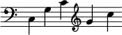 { \new Staff \with { \omit Score.TimeSignature \omit Score.BarLine } \relative <<{\clef bass \stemDown c g' c \clef treble \stemNeutral g' c}>> }