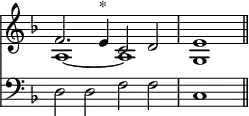 { \time 4/2 \override Score.TimeSignature #'stencil = ##f << \new Staff { \key f \major \relative f' { << { f2. e4^"*" c2 d | e1*2 \bar "||" } \\ { a,1 ~ a | g1*2 } >> } }
\new Staff { \key f \major \clef bass d2 d f f c1*2 } >> }