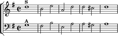 \new ChoirStaff <<
\new Staff \relative d'' { \key g \major \time 2/2
d1^\markup \bold "S" b2 e | a, d d cis | d1 }
\new Staff \relative g { \key g \major \clef bass
g1^\markup \bold "A" | fis2 b | e, a | a gis | a1 } >>