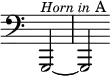 { \override Score.TimeSignature #'stencil = ##f \clef bass \partial 2 g,,2^\markup { \smaller { \italic "Horn in" } A }  ~ g,, }