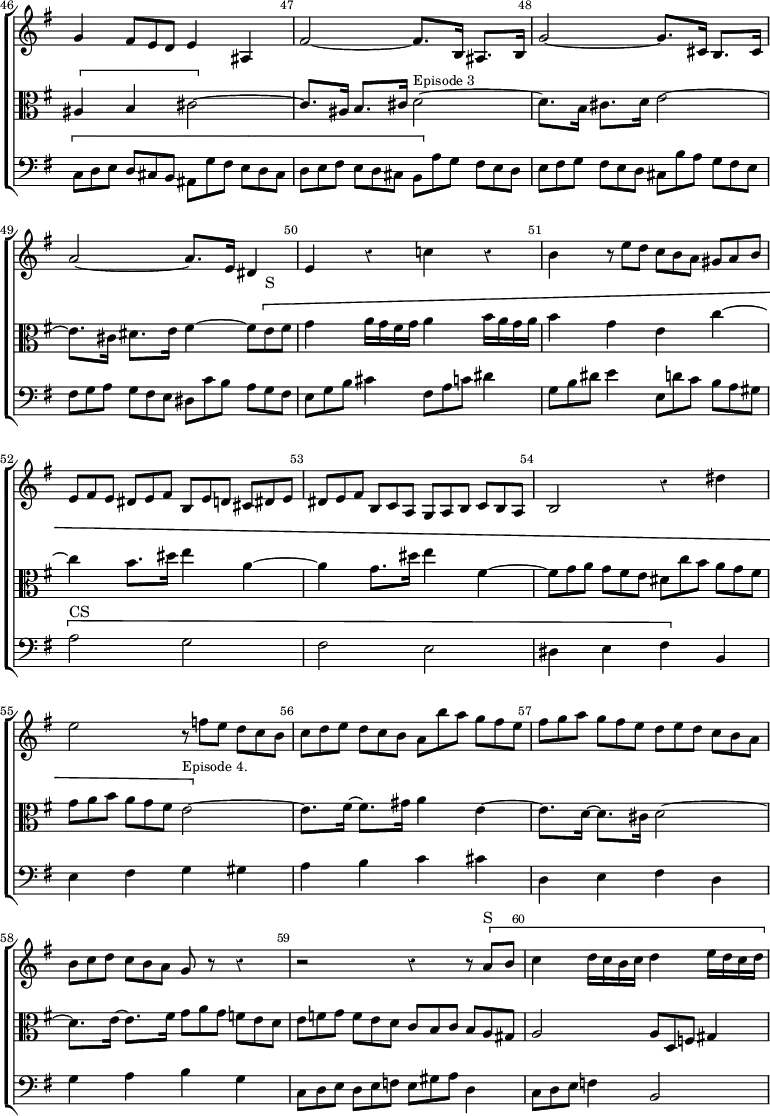 \new ChoirStaff << \override Score.Rest #'style = #'classical \override Score.BarNumber.break-visibility = ##(#f #t #t) \set Score.barNumberVisibility = #all-bar-numbers-visible \override Score.TimeSignature #'stencil = ##f \set Score.currentBarNumber = #46
  \new Staff \relative g' { \key e \minor \time 2/2 \override TupletBracket.bracket-visibility = ##f \override TupletNumber #'stencil = ##f \bar ""
    g4 \tuplet 3/2 { fis8 e d } e4 ais, |
    fis'2 ~ fis8.[ b,16] ais8.[ b16] |
    g'2 ~ g8.[ cis,16] b8.[ cis16] |
    a'2 ~ a8. e16 dis4 | e4 r c'! r |
    b \tuplet 3/2 4 { r8 e[ d] c[ b a] gis[ a b] |
    e,[ fis e] dis[ e fis] b,[ e d] cis[ dis e] |
    dis[ e fis] b,[ c a] g[ a b] c[ b a] } | b2 r4 dis' |
    e2 \tuplet 3/2 4 { r8 f[ e] d[ c b] |
    c[ d e] d[ c b] a[ b' a] g[ fis e] |
    fis[ g a] g[ fis e] d[ e d] c[ b a] |
    b[ c d] c[ b a] } g r r4 | r2 r4 \tuplet 3/2 { r8 \[ a^"S" b] } |
    c4 d16 c b c d4 e16 d c d }
  \new Staff \relative a { \clef alto \key e \minor \override TupletBracket.bracket-visibility = ##f \override TupletNumber #'stencil = ##f 
    \[ ais4 b cis2 ~ \] | cis8.[ ais16] b8.[ cis16] d2^\markup \small "Episode 3" ~ |
    d8.[ b16] cis8.[ d16] e2 ~ |
    e8.[ cis16] dis8.[ e16] fis4 ~ \tuplet 3/2 { fis8 \[ e^"S" fis } |
    g4 a16 g fis g a4 b16 a g a | b4 g e c' ~ |
    c b8. dis16 e4 a, ~ | a g8. dis'16 e4 fis, ~ |
    \tuplet 3/2 4 { fis8[ g a] g[ fis e] dis[ c' b] a[ g fis] |
    g[ a b] a[ g fis] } e2^\markup \small "Episode 4." ~ \] |
    e8.[ fis16] ~ fis8.[ gis16] a4 e ~ |
    e8.[ d16] ~ d8.[ cis16] d2 ~ |
    d8.[ e16] ~ e8.[ fis16] \tuplet 3/2 4 { g8[ a g] f[ e d] |
    e[ f g] f[ e d] c[ b c] b[ a gis] } |
    a2 \tuplet 3/2 { a8 d, f } gis4 }
  \new Staff \relative c { \clef bass \key e \minor \override TupletBracket.bracket-visibility = ##f \override TupletNumber #'stencil = ##f
    \tuplet 3/2 4 { \[ c8[ d e] d[ cis b] ais[ g' fis] e[ d cis] |
    d[ e fis] e[ d cis] b[ \] a' g] fis[ e d] |
    e[ fis g] fis[ e d] cis[ b' a] g[ fis e] |
    fis[ g a] g[ fis e] dis[ c' b] a[ g fis] |
    e[ g b] } cis4 \tuplet 3/2 { fis,8 a c } dis4 |
    \tuplet 3/2 { g,8 b dis } e4 \tuplet 3/2 4 { e,8[ d' c] b[ a gis] }
    \[ a2^"CS" g fis e | dis4 e fis \] b, |
    e fis g gis | a b c cis | d, e fis d | g a b g |
    \tuplet 3/2 4 { c,8[ d e] d[ e f] e[ gis a] } d,4 |
    \tuplet 3/2 { c8 d e } f4 b,2 } >>