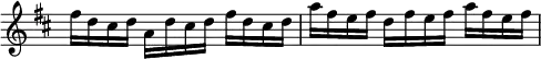 { \override Score.TimeSignature #'stencil = ##f \time 3/4 \key d \major \relative f'' { fis16 d cis d a d cis d fis d cis d | a' fis e fis d fis e fis a fis e fis | } }