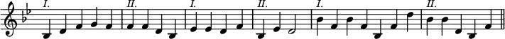 { \override Score.TimeSignature #'stencil = ##f \key bes \major \relative b { \cadenzaOn bes4^\markup { \smaller \italic I. } d f g f \bar "|" f^\markup { \smaller \italic II. } f d bes \bar "|" ees^\markup { \smaller \italic I. } ees d f \bar "|" bes,^\markup { \smaller \italic II. } ees d2 \bar "|" bes'4^\markup { \smaller \italic I. } f bes f bes, f' d' \bar "|" bes^\markup { \smaller \italic II. } bes d, bes f' \bar "||" } }
