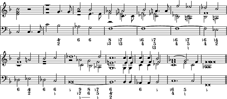 { << \new Staff << \override Score.TimeSignature #'stencil = ##f \override Score.BarNumber #'break-visibility = #'#(#f #f #f) \key f \major
 \new Voice \relative g' { \stemUp
  s1 | r2 g4. g8 | c2 bes | aes a | %end line 1
  bes a!4. a8 | f'2 ees | des c | bes a! | bes c | %end line 2
  des1.*1/2 des2*1/2 | c1.*1/2 c4*1/2 c | c4 c bes2 |
  aes1*1/2^( g2.*1/2) f4*1/2 | f\breve*1/2 }
 \new Voice \relative e' { \stemDown
  <e g c>2 r | e'1\rest | c,\rest | r2 c4. c8 | %end line 1
  des2 c | bes a! | bes a! | r1 r | %end line 2
  r2*1/2 c bes aes | g1.*1/2 g4*1/2 g | c4 c des2 |
  c1*1/2 e2*1/2 c | aes\breve*1/2 \bar "||" }
 \new Voice \relative e' { \stemDown
  s1 e\rest | g2\rest e4. e8 | f2 ees | %end line 1
  f ees | des c | f1 f e\rest | %end line 2
  r2*1/2 aes g f | \stemUp e!1.*1/2 e4*1/2 e | f4 f f2 |
  f1*1/2 s | f\breve*1/2 } >>
\new Staff { \clef bass \key f \major
  c2 c4. c8 | c'2 bes | aes g | f1 ~ | %end line 1
  f ~ | f ~ | f2 ees | des ees | des c | %end line 2
  bes,\breve*1/2 ~ | bes,1.*1/2 bes,4*1/2 bes, |
  aes,4 aes, bes,2 | c1.*1/2 c2*1/2 f,\breve*1/2 }
\figures { s1 s2 <4/ 2> <6> <6> <8 3-> <7- 3!> %end line 1
 <6- 4> <7- 5 3!> <6- 4> <7- 5 _!> <6- 4> <4! 2> <6> <4/ 2> <6> <6 _-> %end line 2
 <_->4 \bassFigureExtendersOn <9 7- _-\!> <8 6 _-> <7- 5 _-\!>
 <6 4/ 2>1 <6\!>2 <_-> <6- 4> <5 _!> <_-> } >> }