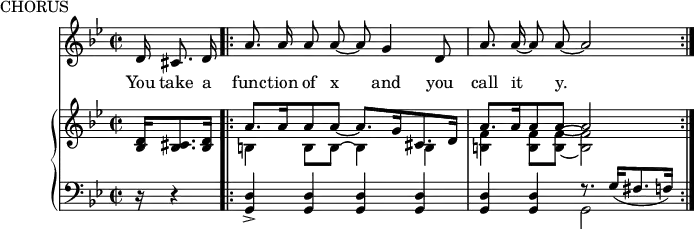 
pf = \markup {\center-align \concat { \dynamic p - \dynamic f } }
music = {
    \language "english"
    { \new Staff <<
                \set Staff.midiInstrument = "violin"
                { \new Voice <<
                    \relative c' {
                        \autoBeamOff
                        \set Score.tempoHideNote = ##t
                        \tempo 4 = 120
                        \clef treble \key bf \major
                        \time 2/2
                        
                        \partial 16*5 \stemUp d16 cs8. d16 |
                        \repeat volta 2 {
                            a'8. a16 a8 a ~ a g4 d8 |
                            a'8. a16 ~ a8 a ~ a2 |
                        }
                    }
                    \addlyrics {
                        You take a func -- tion of x and you call it y.
                    }
                >> }
        { \new PianoStaff <<
            { \new Staff <<
                \set Staff.midiInstrument = "piano"
                { \new Voice <<
                    \relative c' {
                        \clef treble \key bf \major
                        \time 2/2
                        
                        \partial 16*5 \stemUp <d bf>16[ \pf <cs bf>8. <d bf>16]
                        \repeat volta 2 {
                            a'8.[ a16 a8 a] ~ a8.[ g16 cs,8. d16] |
                            a'8.[ a16 a8 a8] ~ a2 |
                        }
                    }
                >> }
                { \new Voice <<
                    \relative c' {
                        \clef treble \key bf \major
                        \time 2/2
                        
                        \partial 16*5 s16 s4 |
                        \repeat volta 2 {
                            \stemDown b4 b8[ b] ~ b4 b |
                            <f' b,> <f b,>8[ <f b,>] ~ <f b,>2 |
                        }
                    }
                >> }
            >> }
            { \new Staff <<
                \set Staff.midiInstrument = "piano"
                { \new Voice <<
                    \relative c {
                        \clef bass \key bf \major
                        \time 2/2
                        
                        \partial 16*5 r16 r4 |
                        \repeat volta 2 {
                            \stemUp <d g,> -> <d g,> <d g,> <d g,> |
                            <d g,> <d g,> r8. g16([ fs8. f16]) |
                        }
                    }
                >> }
                { \new Voice <<
                    \relative c {
                        \clef bass \key bf \major
                        \time 2/2
                        
                        \partial 16*5 s16 s4 |
                        \repeat volta 2 {
                            s1 |
                            s2 \stemDown g2 |
                        }
                    }
                >> }
            >> }
        >> }
    >> }
}
\header {
    tagline = "" % no footer
    piece = CHORUS
}
\score {
  \music
  \layout {
    \context {
      \Staff
      \consists Measure_spanner_engraver
    }
  }
}
\score {
  \unfoldRepeats {
    \music
  }
  \midi { }
}
