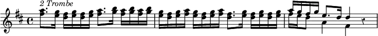 { \override Score.Rest #'style = #'classical \time 4/4 \key d \major \relative a'' { <a fis>8.^\markup { \italic "2 Trombe" } <g e>16 <fis d> <g e> <fis d> <g e> <a fis>8. <b g>16 <a fis> <b g> <a fis> <b g> | <g e> <fis d> <g e> <a fis> <g e> <fis d> <g e> <a fis> <fis d>8. <g e>16 <fis d> <g e> <fis d> <g e> | << { a16 g fis g e8. d16 d4 } \\ { fis16 e d8 a4 fis } >> r4 } }