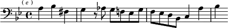 \relative a { \clef bass \key bes \major \time 4/4 \partial 2. \mark \markup \tiny { ( \italic e ) } a4 bes fis | g r8 aes g f! ees g | f ees d bes c4 a' | bes }