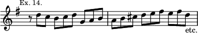 { \relative d'' { \key g \major \time 9/8 \override Score.TimeSignature #'stencil = ##f \mark \markup \small "Ex. 14."
r8 d c b c d g, a b | a b cis d e fis e fis d_"etc." } }