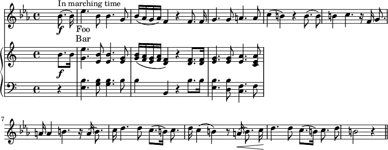 
\relative c'' {
  <<
    \new Voice = "anthem" {
       \key es \major
       << { 
            s2. \autoBeamOff \stemDown bes8.(\f^"In marching time" bes16)
          }
       \\ 
          { 
            s2. bes4
          }
       >> % Polyphonic bar
       es4. bes8 bes4. g8
       bes16( aes g aes) f4 r4 \autoBeamOff f8. f16
       g4. g8 a4. a8
       c4( b) r4 b8.( b8)
       b4 c4. r16 f,16 g8. a16
       a4 b4. r16 a16( b8.) c16
       d4. d8 c8.[( b16)] c8. d16
       c4( b) r8 a16\<( b8.) c16\!
       d4. d8 c8.[( b16)] c8. d8
       b2 r4
       \autoBeamOn
       \bar "||"
    }
    \new Lyrics \lyricsto "anthem" {
      Foo
    }
    \new Lyrics \lyricsto "anthem" {
      Bar
    }
    \new PianoStaff <<
      \new Staff {
        s2. b8.\f b16
        \autoBeamOff <g e'>4. <e b'>8 <e b'>4. <e g>8
        \autoBeamOn <g b>16( <f a> <e g> <f a> <d f>4) r4 <d f>8. <d f>16
        <e g>4. <e g>8 <e a>4. <c e a>8
      }
      \new Staff {
        \clef "bass"
        s2. r4
        \autoBeamOff <e, b'>4. <g b>8 <g b>4. b8
        b4 b,4 r4 \autoBeamOn b'8. b16
        <b e,>4. <b d,>8 <f c>4. f8
      }
    >>
  >>
}
