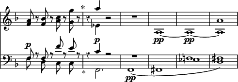 { \override Score.TimeSignature #'stencil = ##f \override Score.Rest #'style = #'classical \time 4/4 \key f \major << \relative f' { <f a>8 r <f bes> r <a c> r <g g'> r \mark "*" r4 << { a' } \\ { ees, } >> r2 R1 << { s1*2 a1 } \\ { a,1\pp ~ a\pp ~ a } >> }
\new Staff { \clef bass \key f \major \relative f << { f8^\p r f r f' r e r r4 c^\p r2 R1 s1 f,! fis } \\ { f8 s d s c s c s_\markup { \halign #-4 * } s4 f,2. f1\pp\( fis ees' d\) } >> } >> }