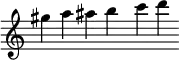 { \new Staff \with { \omit Score.TimeSignature \omit Score.BarLine } \relative <<{gis'' a ais b c d}>> }