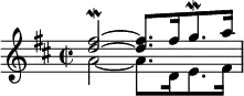 { \time 2/2 \key d \major \relative d'' { << { <fis d\mordent>2 ~ q8. fis16 g8.\mordent a16 } \\ { a,2 ~ a8. d,16 e8. fis16 } >> } }