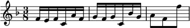 { \relative f' { \key f \major \time 3/8
 f16 e f c a' f | g f g c, bes' g | a8 f f' } }