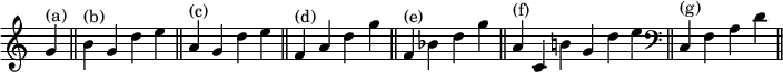 { \override Score.TimeSignature #'stencil = ##f \relative g' { \cadenzaOn g4^"(a)" \bar "||" b^"(b)" g d' e \bar "||" a,^"(c)" g d' e \bar "||" f,^"(d)" a d g \bar "||" f,^"(e)" bes d g \bar "||" a,^"(f)" c, b' g d' e \bar "||" \clef bass c,,^"(g)" f a d \bar "||" } }