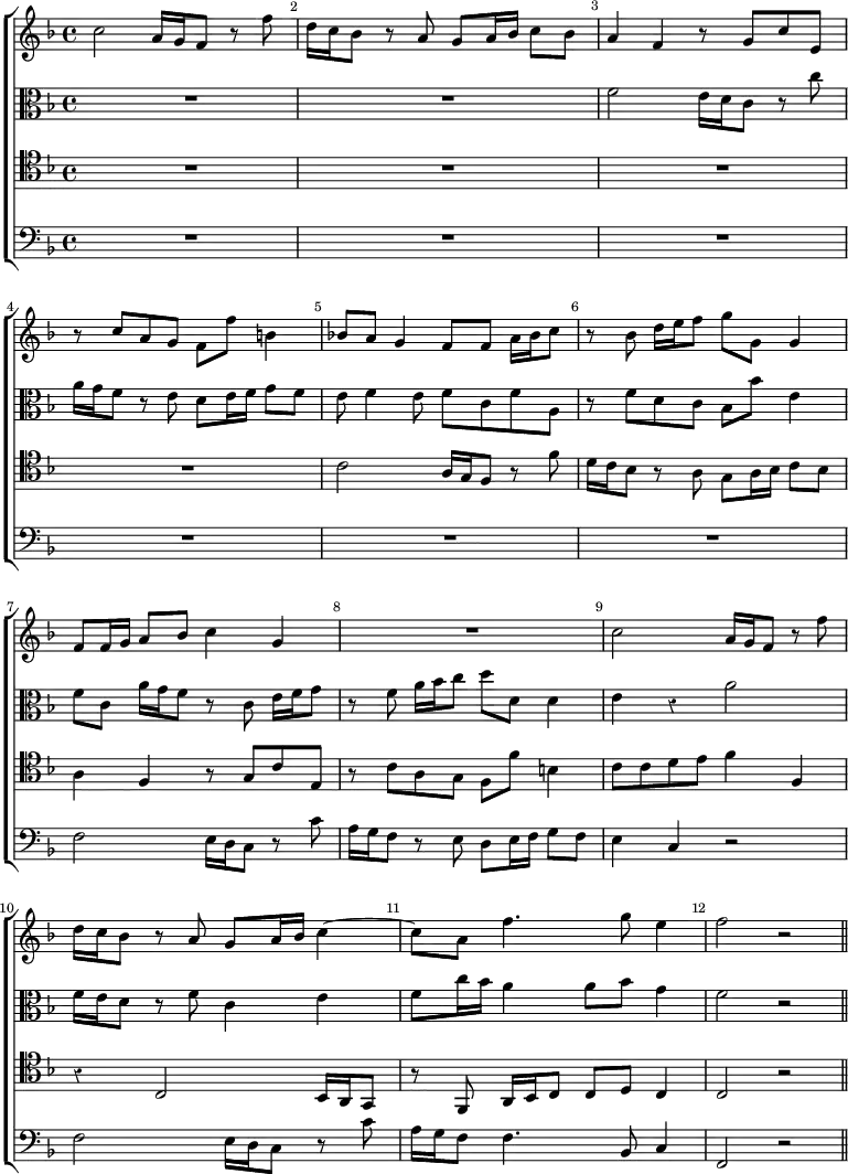 \new ChoirStaff << \override Score.Rest #'style = #'classical \override Score.BarNumber.break-visibility = ##(#f #t #t) \set Score.barNumberVisibility = #all-bar-numbers-visible
  \new Staff \relative c'' { \key f \major \time 4/4 \bar ""
    c2 a16 g f8 r f' | d16 c bes8 r a g a16 bes c8 bes |
    a4 f r8 g c e, | r c' a g f f' b,4 | bes!8 a g4 f8 f a16 bes c8 |
    r8 bes d16 e f8 g g, g4 | f8 f16 g a8 bes c4 g | R1 |
    c2 a16 g f8 r f' | d16 c bes8 r a g a16 bes c4 ~ |
    c8 a f'4. g8 e4 | f2 r \bar "||" }
  \new Staff \relative f' { \clef alto \key f \major
    R1*2 f2 e16 d c8 r c' | a16 g f8 r e d e16 f g8 f |
    e f4 e8 f c f a, | r f' d c bes bes' e,4 |
    f8 c a'16 g f8 r c e16 f g8 | r f a16 bes c8 d d, d4 |
    e r a2 | f16 e d8 r f c4 e | f8 c'16 bes a4 a8 bes g4 | f2 r }
  \new Staff \relative c' { \clef tenor \key f \major
    R1*4 c2 a16 g f8 r f' | d16 c bes8 r a g a16 bes c8 bes |
    a4 f r8 g c e, | r c' a g f f' b,4 | c8 c d e f4 f, |
    r c2 bes16 a g8 | r f a16 bes c8 c d c4 | c2 r }
  \new Staff \relative f { \clef bass \key f \major
    R1*6 f2 e16 d c8 r c' | a16 g f8 r e d e16 f g8 f | e4 c r2 |
    f e16 d c8 r c' | a16 g f8 f4. bes,8 c4 | f,2 r } >>