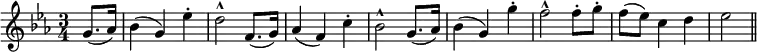 { \relative g' { \time 3/4 \partial 4 \key ees \major
g8.( aes16) | bes4( g) ees'-. | d2-^ f,8.( g16) | aes4( f) c'-. |%1
bes2^^ g8.( aes16) | bes4( g) g'-. | f2^^ f8-. g-. |
f( ees) c4 d | ees2 \bar "||" } }