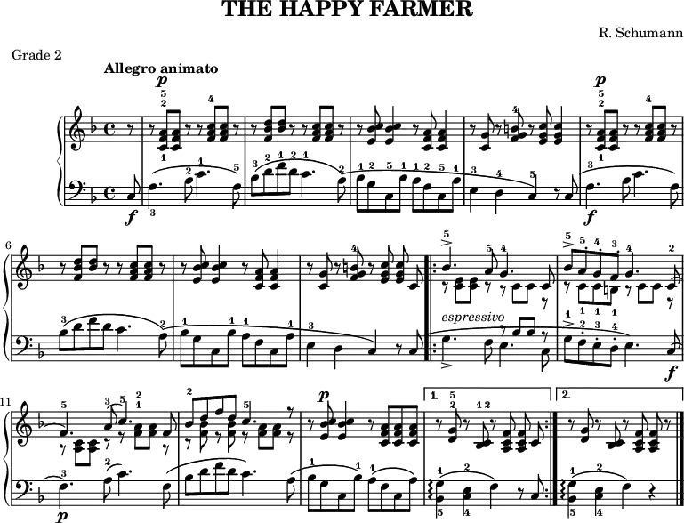 
\header {
  title = "THE HAPPY FARMER"
  composer = "R. Schumann"
  meter = "Grade 2"
  tagline = ""
}
fullStaff = \new PianoStaff <<
\new Staff { \key f \major \time 4/4 \partial 8 \tempo "Allegro animato" \relative a' {
  r8 | r <a-5 f-2 c-1>^\p q r r <c-4 a f> q r |
  r <d bes f> <d bes> r r <c a f> q r |
  r <c bes e,> q4 r8 <a f c> q4 |
  r8 <g c,> r <b-4 g f> r <c g e> q4 |
  r8 <a-5 f-2 c-1>^\p q r r <c-4 a f> q r |
  r <d bes f> <d bes> r r <c a f> q r |
  r <c bes e,> q4 r8 <a f c> q4 | \autoBeamOff
  r8 <g c,> r <b-4 g f> r <c g e> q c,\( 
  \repeat volta 2 { \autoBeamOn
    << { bes'4.-5^> a8-5 g4.-4\) c,8 |
         bes'-5^> a-.-5 g-.-4 f-.-3 g4.-4 c,8-2( |
         f4.-5) a8-3( c4.-5) f,8\( |
         bes-2 d f d c4.-5 r8 } \\
       { r8 <c, e> q r r c c r |
         r c-1 c-1 b-1 r c c r |
         r <c a> q r r <f^1 a^2> q r |
         r <f bes> r q r <f a> q r } >> 
    r <e bes' c>^\p q4 r8 <c f a> q q \autoBeamOff } 
  \alternative {
    { r <d^2 g^5> r <c^2 bes^1> r <a c f> q c }
    { r <d g> r <c bes> r <a c f> q r \bar "|." } } } }
\new Staff { \clef bass \key f \major \relative c {
  c8\f | f4._3\( a8-2 c4.-1 f,8-5\) |
  bes-3\( d-2 f-1 d-2 c4.-1 a8-2\)\( |
  bes-1 g-2 c,-5 bes'-1 a-1 f-2 c-5 a'-1 |
  e4-3 d-4 c-5\) r8 c\( |
  f4.-3\f a8 c4. f,8\) |
  bes-3\( d f d c4. a8-2\)\( |
  bes-1 g c, bes'-1 a-1 f c a'-1 |
  e4-3 d c\) r8 c\( |
  \repeat volta 2 { 
    g'4._>^\markup { \italic espressivo } f8
    << { r bes bes r } \\ { e,4.\) c8\( } >> |
    g'->-1 f-.-2 e-.-3 d-.-4 e4.\) c8\f( |
    f4.-3)\p a8-2( c4.) f,8\( |
    bes d f d c4.\) a8\( |
    bes-1 g c, bes'-1\) a-1\( f c a'\) }
  \alternative {
    { <g-1 bes,-5>4\arpeggio\( <e-2 c-4> f\) r8 c }
    { <g'-1 bes,-5>4\arpeggio\( <e-2 c-4> f\) r4 } } } }
>>
\score { 
  \fullStaff
  \layout {}
}
\score {
  \unfoldRepeats { \fullStaff }
  \midi { \tempo 4 = 96 }
}
